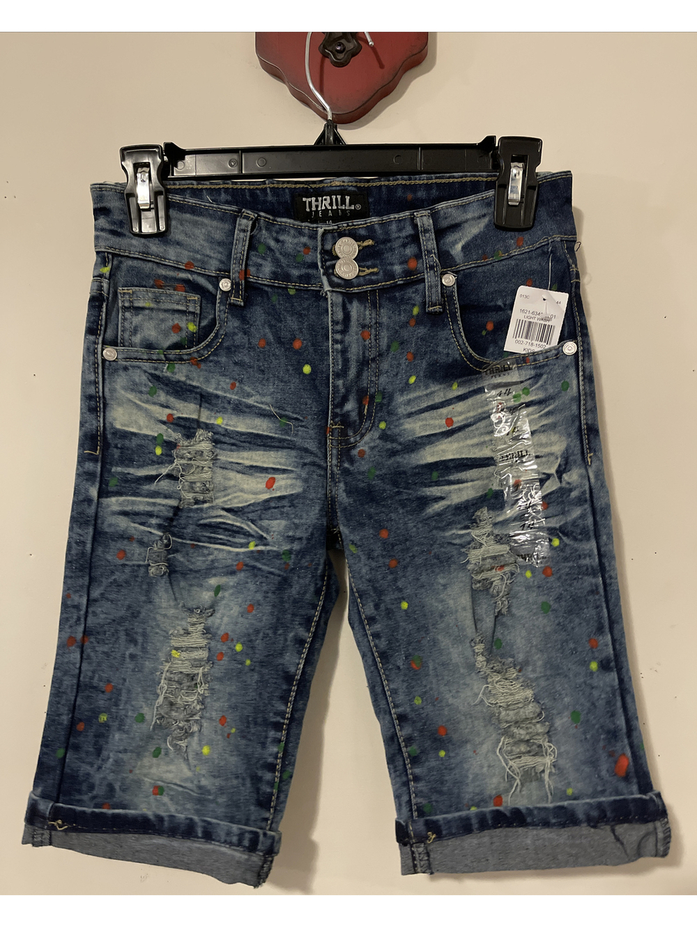 Thrill Jeans Girls 14 Light Wash Speckled Ripped Bermuda Jean Shorts NWT! A4335
